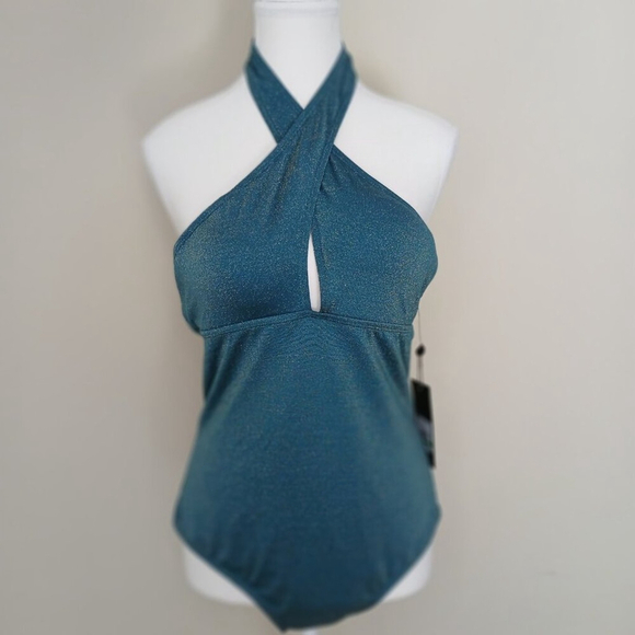 NWT Jones New York One Piece Halter Swimsuit Metallic Teal Size Large - Picture 2 of 6